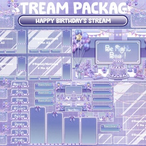 VOLLEDIG GEANIMEERD Streampakket: Pastelblauw Paars Gezellige Happy Birthday's Stream Room, Ballon, Geschenkdozen, Taart Nieuwjaar, Party Twitch Overlay