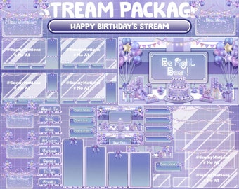 May include: Purple and white birthday stream package with a purple cake, presents, and balloons. The text "Happy Birthday's Stream" and "Be Right Back!" are visible.
