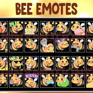 May include: A set of 36 bee emoticons with different expressions and accessories. The emoticons are yellow and black with large eyes and a variety of expressions, including happy, sad, angry, and surprised. The emoticons are wearing different accessories, such as sunglasses, hats, and flowers.