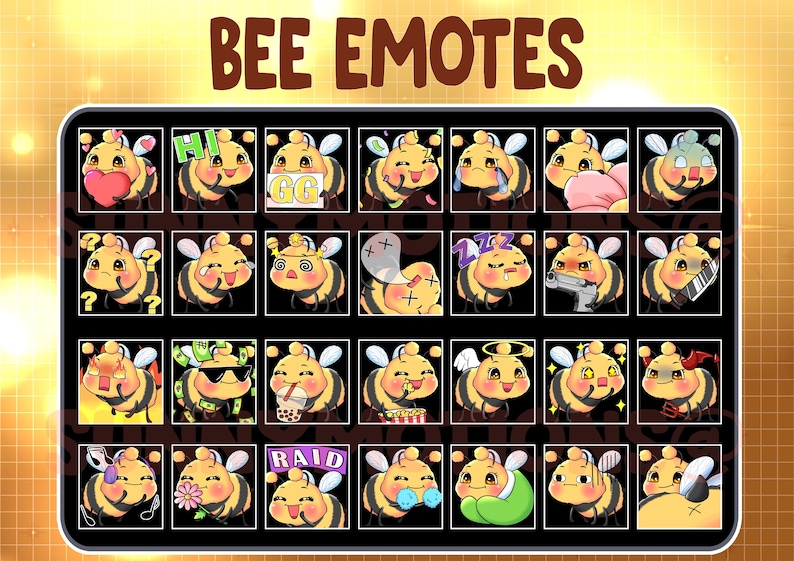 May include: A set of 36 bee emoticons with different expressions and accessories. The emoticons are yellow and black with large eyes and a variety of expressions, including happy, sad, angry, and surprised. The emoticons are wearing different accessories, such as sunglasses, hats, and flowers.