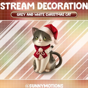 Animated Stream Decoration Animal Soft Plushy Toy / Lofi Aesthetic Grey White Calico Cat / Xmas Tuxedo Tabby /Christmas Kitty Twitch Overlay