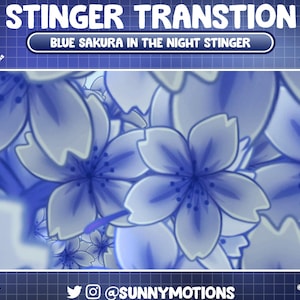 Op de afbeelding: Een digitale illustratie met blauwe sakura bloesems. De afbeelding heeft een blauw en wit kleurenschema, met de tekst "STINGER TRANSTION" en "BLUE SAKURA IN THE NIGHT STINGER" bovenaan. De social media handle van de artiest is zichtbaar onderaan.