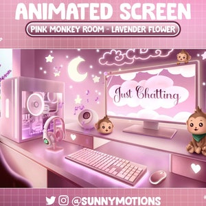 Könnte beinhalten: Ein animierter Bildschirm in Rosa und Lila mit einem Computer, einer Tastatur, einer Maus und Kopfhörern. Der Bildschirm zeigt den Text "Just Chatting" in einer rosa Wolke. Es befinden sich zwei Comic-Affen auf dem Bildschirm und einer auf dem Schreibtisch. Der Hintergrund ist ein rosa Raum mit Lavendelblüten und Sternen.