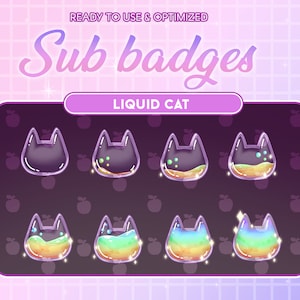 Insignias de subtítulos para Twitch con botella de gato líquido arcoíris / Botella de estrella mágica kawaii / Insignias lindas para streamers / Oreja de gato mágica / Superposición de Twitch de maullidos