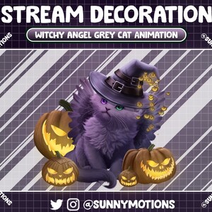 May include: A purple cat wearing a witch's hat and holding a pumpkin. The cat has wings and is surrounded by small pumpkins. The background is a purple and white striped pattern. The text "Witchy Angel Grey Cat Animation" is displayed above the cat.