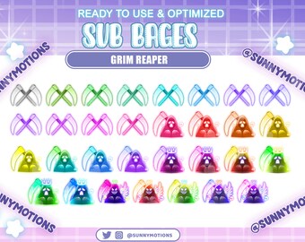 31 Colorful Neon Cyberpunk Grim Reaper Twitch Sub Badges, Rainbow Dark Dystopian, Devil Wing Sub Badges, Kawaii Bit Donation For Streamer