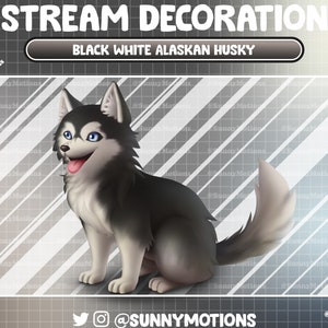 May include: A digital illustration of a black and white Alaskan Husky dog with blue eyes and a pink tongue. The text "STREAM DECORATION" and "BLACK WHITE ALASKAN HUSKY" are at the top. The image includes social media handles.