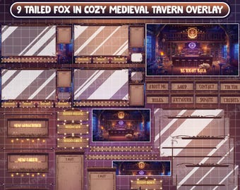 Forfait diffusion animée : renard à queue Spirit 9 dans une taverne médiévale, nuit mystique chaleureuse et pub chaleureux, superposition de Twitch, scène d'alerte d'astronomie de sorcière