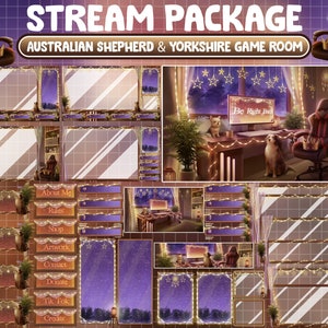 Pacote de transmissão ANIMADO: sala de jogos para PC com estética neutra, Boho Lover House, noite romântica, sobreposição de Twitch de Yorkshire e pastores australianos