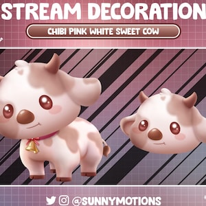 Animated Stream Decoration Animal Plushy: Aesthetic Cute Chibi Sweet Cow Shy Begging, Kawaii Lover Desk Twitch Overlay Pink White Vibe Alert