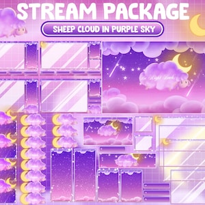 ANIMATED Twitch Stream Package / Cozy Magical Purple Pink Night Sky Overlay / Crescent Moon / Star Comet Falling /Cute Aesthetic Sheep Cloud