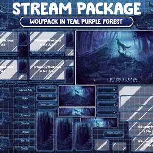 ANIMATED Twitch Overlay Stream Package: Wolfpack Family In Blue Purple Dust Forest Night, Tree Trunk, Rock, Groundwater Alerts, Panel, Scene