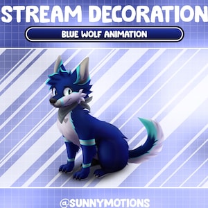 Könnte beinhalten: Blaue Wolf-Animation zum Streamen. Der Wolf sitzt mit dem Kopf zur Seite geneigt und hat ein blaues und türkisfarbenes Farbschema. Der Text "STREAM DECORATION" und "BLUE WOLF ANIMATION" befindet sich oben im Bild.