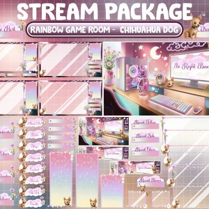 ANIMATED Twitch Overlay Stream Package / Lo-fi Aesthetic Retro Rainbow Daisy Flower House / Cozy PC Set Up Game Room / Chihuahua Dog Themed