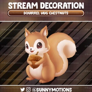 May include: A cartoon illustration of a brown squirrel holding a group of brown chestnuts. The squirrel has a white belly and a bushy tail. The background is a black and white striped pattern.