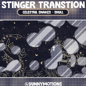 May include: A digital illustration of a snake with a skull, stars, and moons on a dark blue background. The text "Celestial Snakes - Skull" and "@SUNNYMOTIONS" are also included in the image.