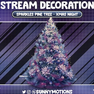 Könnte beinhalten: Ein funkelnder blauer Weihnachtsbaum, geschmückt mit rosa Weihnachtssternen, weißen Kugeln und silbernem Band. Der Baum ist mit weißen Lichtern beleuchtet und hat einen lila und blauen Hintergrund mit einem Gittermuster. Der Text "Sparkles Pine Tree - Xmas Night" ist über dem Baum angezeigt.