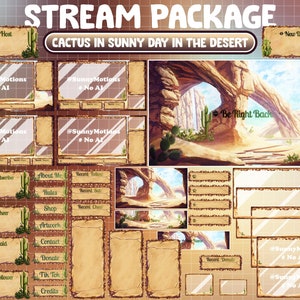 ANIMERAT Stream-paket: En solig dag i öknen med söta kaktusar runt landskapet, saguarokaktusar, klippvalv, sandstorm Twitch-överlägg