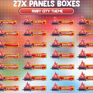 Könnte beinhalten: Eine Sammlung von 27 Panel-Boxen mit einem "Ruby City Theme"-Design. Jede Box zeigt eine rote Kristallgrafik und Textbeschriftungen wie "About Me", "Credits" und "Merch". Der Hintergrund hat einen Farbverlauf aus Rot, Orange und Gelb.
