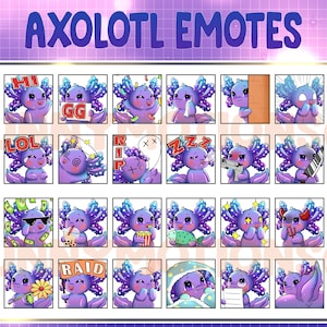 Peut inclure: Un ensemble de 36 émojis axolotl représentant diverses expressions et actions. Les émojis sont illustrés dans un style cartoon avec une palette de couleurs violette et bleue. Les émojis incluent des expressions comme LOL, GG, RIP et ZZZ, ainsi que des actions comme le raid, la consommation de boba tea et le port de lunettes de soleil.