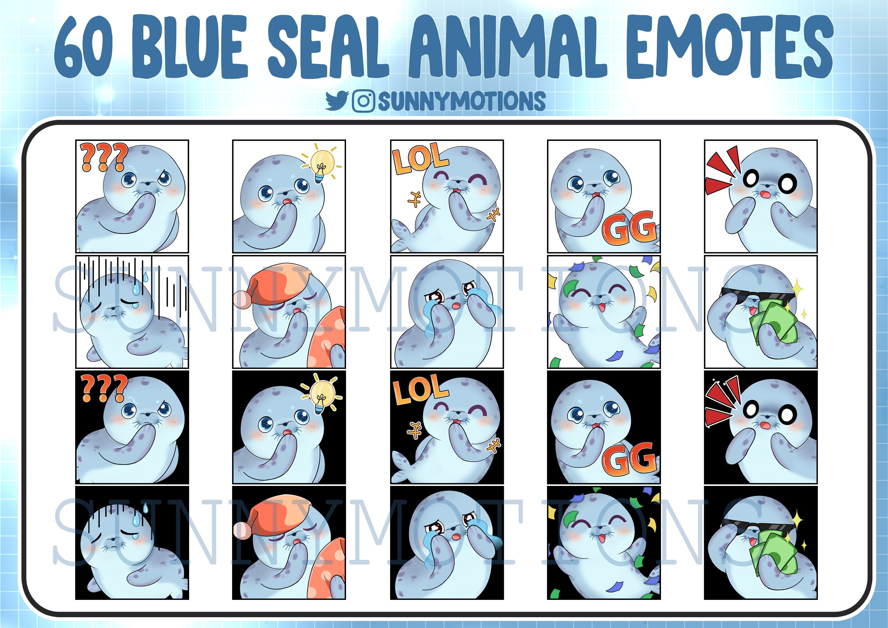 Ocean Emotes 60 Cute Blue Seal Sea Animal Twitch Emotes Bundle, Discord, Streamer ...