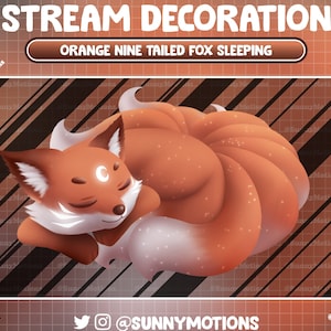 May include: Orange nine-tailed fox sleeping curled up with its tail wrapped around its body. The fox has a crescent moon on its forehead and is surrounded by a sparkling background.