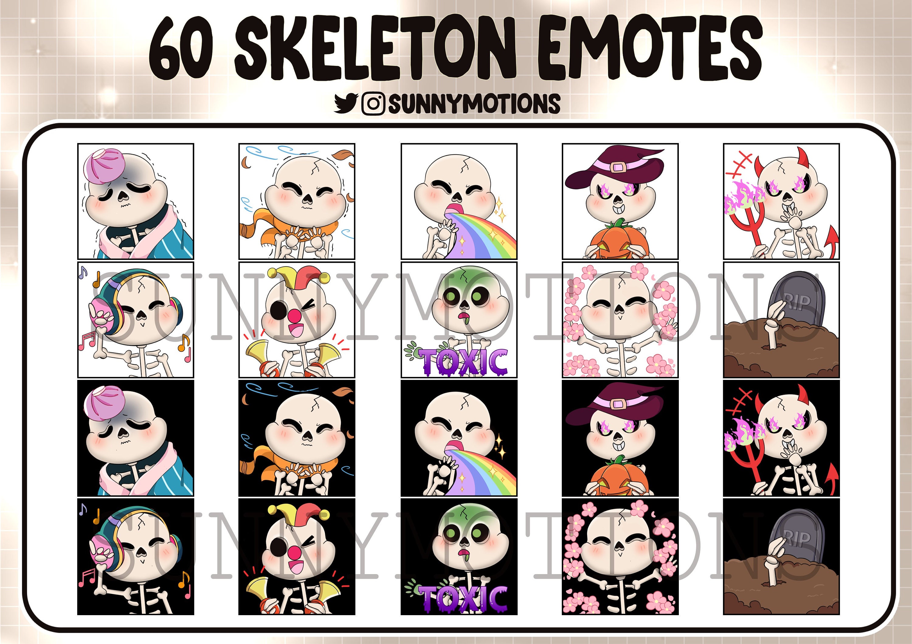 60 Cute Skeleton Twitch Emotes Bundle, Discord, Streamer, Kawai Funny ...