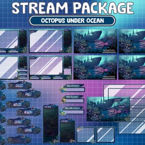 FULL ANIMATED Octopus Twitch Stream Package / Under Ocean Art with Shark And Stunning Shipwreck / Ocean Creatures Fish Underwater Overlays