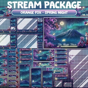 Animated Stream Package: Cozy Spring Night At Fuji Mountain Twitch Overlay/ Lo-fi Aesthetic Magical Orange Fox On Sakura Cherry Blossom Tree