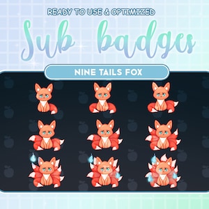 Red Nine Tailed Fire Fox Twitch Loyalty Sub Bit Badges / Kawai Animal Emoji / Cool Subscriber Badges For Streamer / Emotes / Twitch Overlay