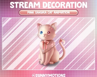 Animated Stream Decoration Animal Aesthetic Spring Sakura Kitty Cherry  Blossom Flower Cat Animation White Meow Kawaii Twitch Overlay