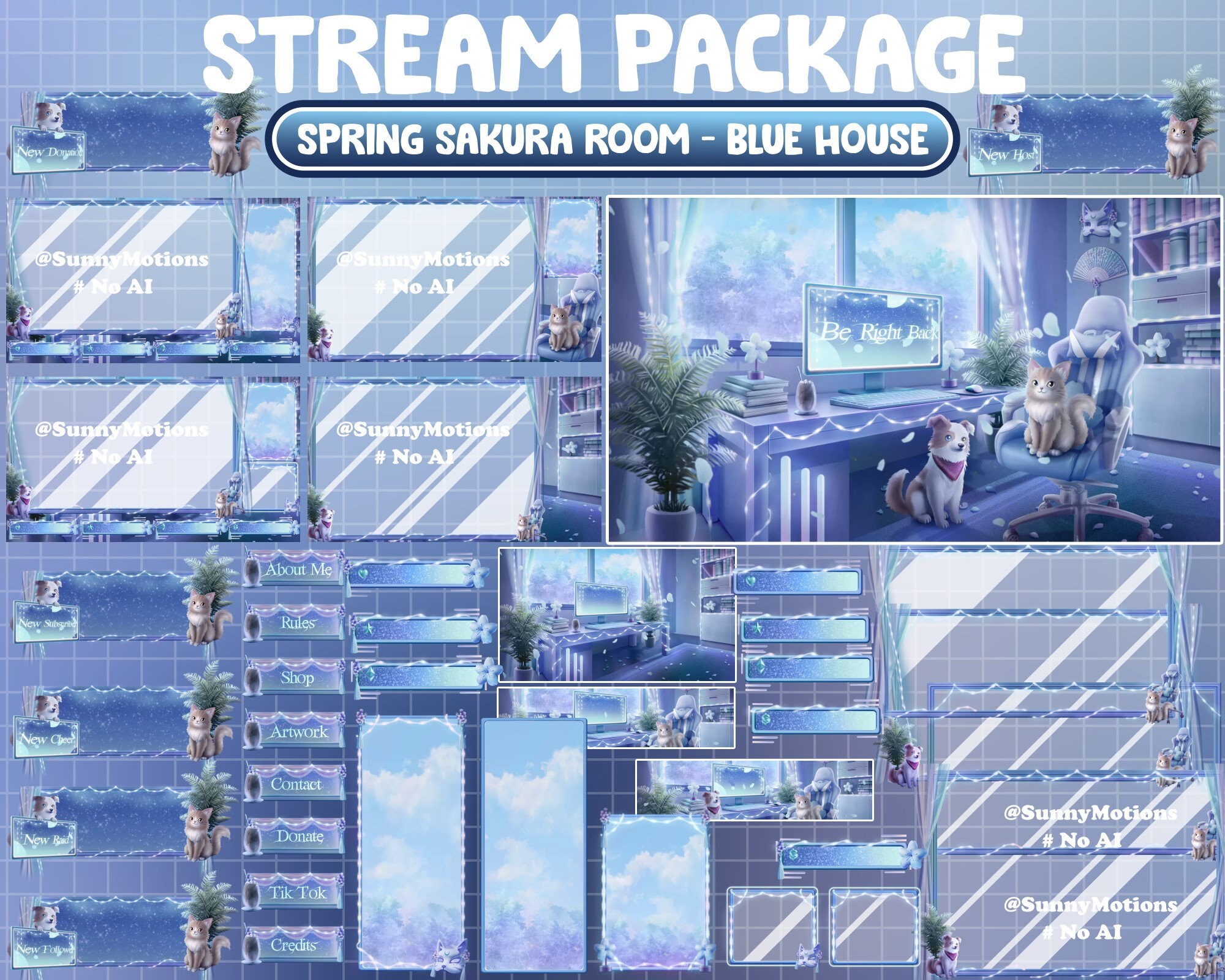 ANIMATED Twitch Overlay Stream Package: Blue Spring Sakura Room, Fox Mask, Gamer, Maine Coon Cat, Border Collie Dog Cherry Blossom Falling