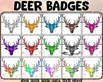 May include: A set of 12 deer head badges in various colors, including white, orange, blue, brown, pink, purple, red, green, black, and rainbow. The badges are arranged in a grid pattern and feature the text "DEER BADGES" at the top. The text at the bottom indicates the sizes of the badges: 18x18, 28x28, 36x36, 56x56, 72x72, 112x112.