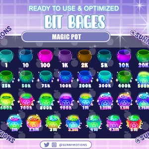 May include: A set of 20 colourful cauldron bit badges with different numbers from 1 to 5 million. The badges are designed for Twitch streamers and feature a magic pot theme. The text "READY TO USE & OPTIMIZED" and "BIT BAGES" is at the top of the image. The text "MAGIC POT" is in the middle of the image. The text "@SUNNYMOTIONS" is at the bottom of the image.