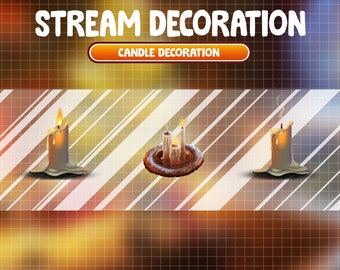 Op de afbeelding: Drie decoratieve kaarsen, één staat alleen en twee in een krans, met druipend was en vlammen. De kaarsen staan op een wit en bruin gestreepte achtergrond met de tekst "STREAM DECORATION" en "CANDLE DECORATION" erboven.