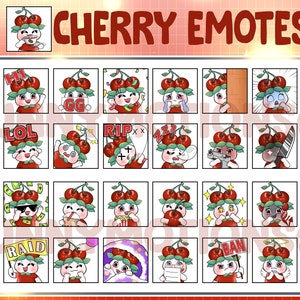 May include: A set of cherry-themed emotes, each depicting a character with a cherry head and white body, expressing different emotions. The text "CHERRY EMOTES" is displayed. The emotes show various actions and expressions, suitable for digital communication.