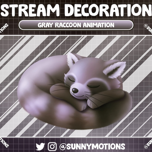 2 Animated Stream Decoration Real Gray Raccoon Sleeping, Mythology Night Racoon, Mammal Twitch Overlay Spirit Forest Halloween Twitch Add-on