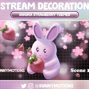 2 Animated Stream Stinger Transition: Aesthetic Cozy Lo-fi Pink Rabbit Hug Strawberry Fruit Sakura House, Cherry Blossom With Garden Morning