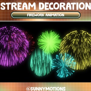 May include: Animated firework display with purple, green, and yellow fireworks against a black background. The text "FIREWORK ANIMATION" is displayed above the fireworks. The text "@SUNNYMOTIONS" is displayed below the fireworks.