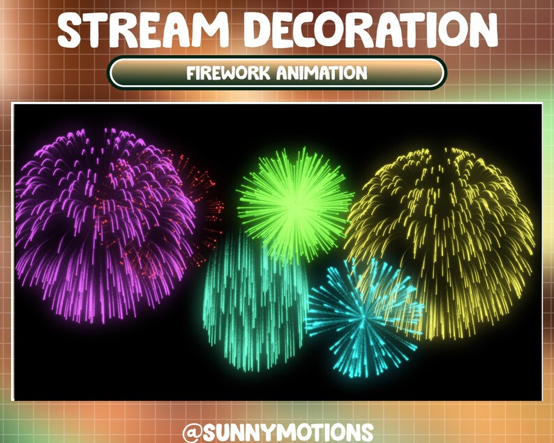 May include: Animated firework display with purple, green, and yellow fireworks against a black background. The text "FIREWORK ANIMATION" is displayed above the fireworks. The text "@SUNNYMOTIONS" is displayed below the fireworks.