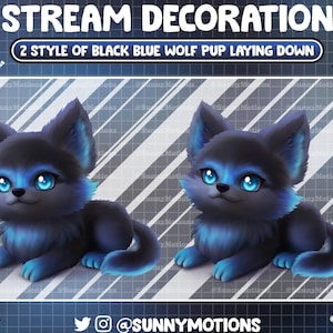 Puede incluir: Dos cachorros de lobo negro y azul con ojos azules tumbados. Los cachorros están mirando hacia adelante con la cabeza ligeramente inclinada hacia un lado. Los cachorros están en un estilo de dibujos animados.