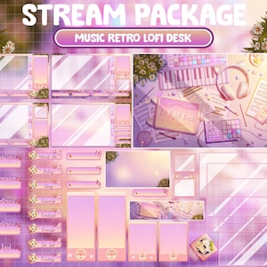 Animated Twitch Stream Package Overlay: Sunset Pink Retro Lofi Composer Study Desk / Cozy Aesthetic Daisy Plant Room / Music Cat Theme Alert