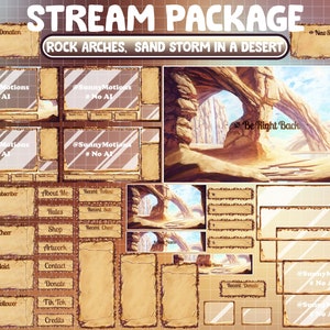 ANIMATED Stream Package: Aesthetic Sand Storm In Desert Oasis Landscape, Groovy Rock Arches, Boho Desert Gaming, Sandy Twitch Overlay Alert
