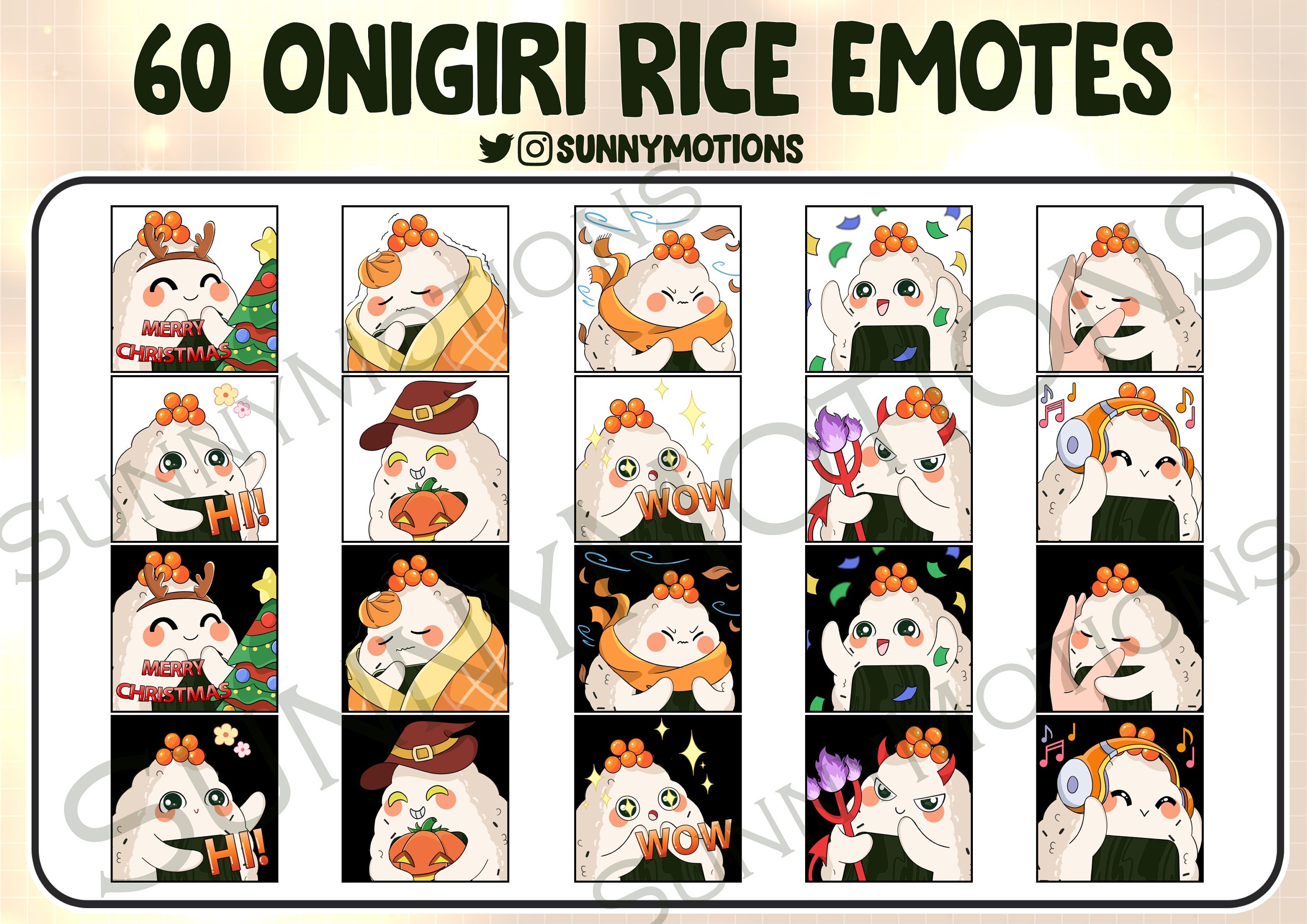 60x Cute Chibi Onigiri Rice Twitch Discord Mixer Youtube Emotes, Kawai ...