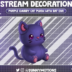 May include: Purple plush cat toy with a bat ear. The cat is sitting with its paws tucked in. The toy has a cute cartoon face with pink cheeks and purple eyes.