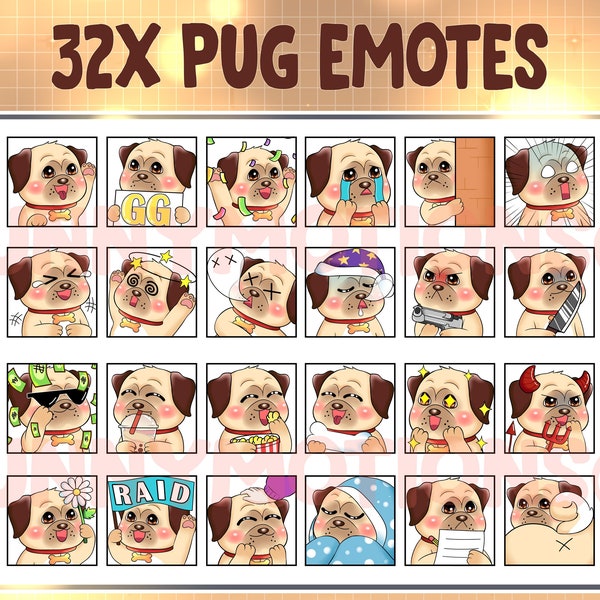 32 Cute Chibi Kawaii Pug Twitch Discord Emotes / Kawai Animal Emoji / Subscriber / Loyalty Sub Bit Badges / Channel Points / Puppy Dog Emote