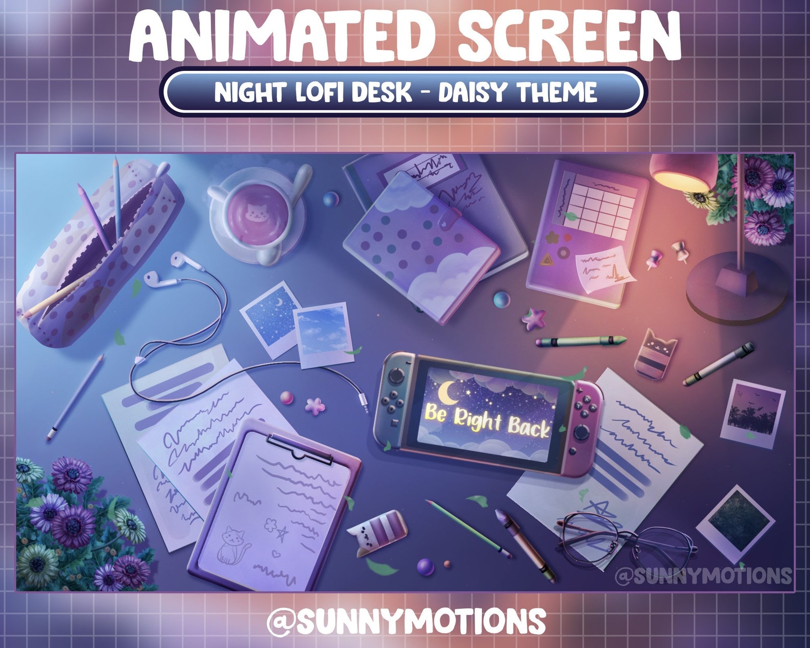 Animated Twitch Stream Package Overlay / Retro Lofi Desk Night / Cozy ...
