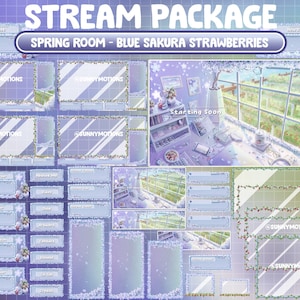 ANIMATED Twitch Overlay Stream Package: Lo-fi Desk In Blue Purple Sakura House / Cherry Blossom With Strawberries Soft Morning, Rabbit Bunny