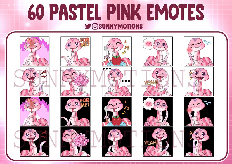 60x Cute Pastel Pink Snake Twitch Emotes Bundle, Kawai Pinkish Snake ...