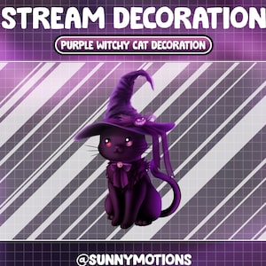 Animated Stream Decoration Animal Soft Plushy Toy / Lofi Aesthetic Witchy Purple Kitty / Halloween Cat / Meow Add-on Kawaii Twitch Overlay